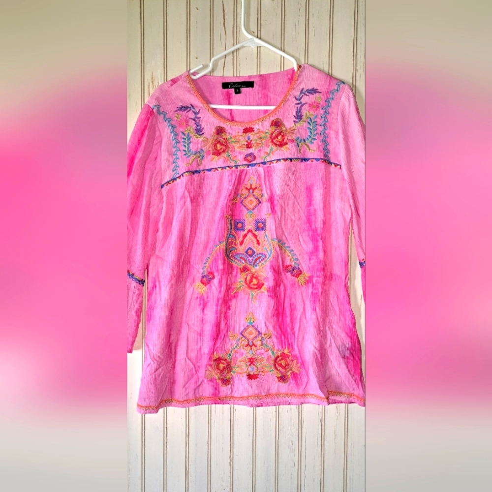 Ladies Calessa Pink Tie Dye Embroidered Pullover Tunic Top Belle Sleeves S Nwot